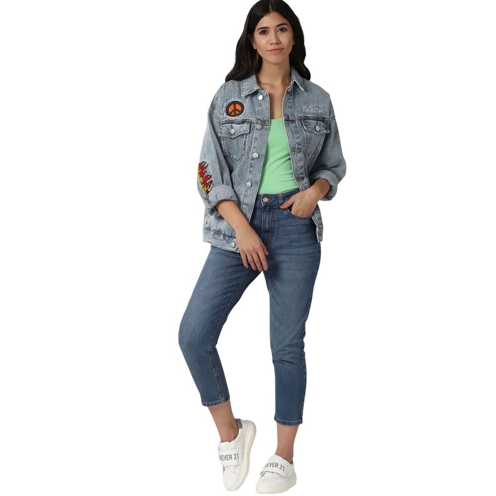 Forever 21 Embroidered Denim Jacket, Ron Bass Patches, Freedom, Peace, Size 3XL - Picture 5 of 13